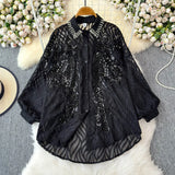 Fongt Gas Age Reduction Shirt Female French Heavy Industry Shiny Embroidery Diamond Set High-End Lantern Sleeve Thin Top Tide