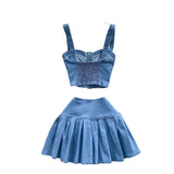 Fongt Port Style Retro Hottie Set Short Sling Vest With Mini Half-Dress Denim Two-Piece Tide