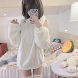 White Off Shoulder Hoodie Sweatshirt 2024 Autumn New Fluffy Thicked Warm Tops Women Y2k E-Girl Long Sleeve Sweatshirts-Outfit