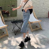 Waist Skirts Women Retros Denim Sexy Split Solid Summer Mid-calf Faldas All-match A-line Fashion Preppy Korean Style
