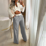 Fongt New Sexy V-Neck Long Sleeve High-Waist Straight Pants Suit-Outfit