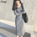 Knitted Dress, Women's Autumn and Winter Slim and Slim V-neck Sweater Bottoming Skirt Dress Eam Dress White