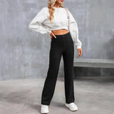 Fongt Fashion New Women's Casual Straight Pants High Waist Button Elastic Belt With Multiple