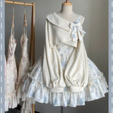 Sweet Off Shoulder Sweatshirt Mujer+ Y2k E-Girl High Waist Flower Print Bow Strap Dresses Spring New Two Piece Sets-Outfit