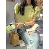 2024 Summer New Oversize Beautiful Korean Sweater Bubble Short-Sleeved T-Shirt Blouse-Outfit