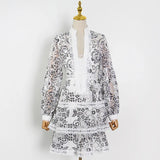 TWOTWINSTYLE Blue Elegant Print Dress For Women V Neck Lantern Long Sleeve High Waist Mini Dresses Female Spring Fashion