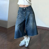 Vintage Wash Whiskers Denim Shorts Women Low Rise Distressed Frayed Wide Leg Baggy Jeans Jorts Casual Summer Clothes-Outfit