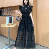 Fongt Niche Elegant Dress Women's High-End Lace Short Sleeves To Show Thin Multi-Layer Pongeist Long Dress