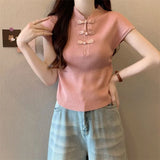 Chinese Buckle Design Positive Shoulder Short Sleeve Knit Shirt Girl Summer Thin Temperament With Short Cheongsam