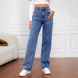 Fongt Burst Elastic Water Wash Denim Fashion Straight Trousers Trousers Trousers Trousers Women