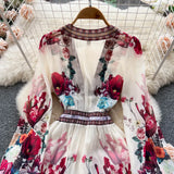 Fongt And Autumn French Court Style Temperament Thin French Chiffon Mesh Dress Female Big A-Word Print Long Dress