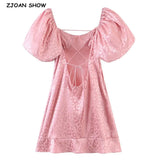 Women Jacquard Leopard Pink Satin Mini Dress Sexy Elastic Short Lantern sleeve Cross Lacing up Back Backless Party