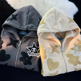 Fongt New Star Pattern Print Full Face Zippered Zip-Tunic Harajuku Zipper To Top Hoodie Jacket