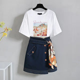 Women Summer Skirts Sets Korean Casual Short Sleeve Print T-shirt And Bandage Skirts 2 Pieces Set Women