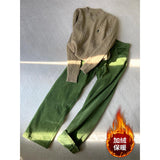 Fongt Retro Green High-Waisted Plus Velvet Slack Autumn And Winter New Set Thin Corduroy Broad Leg Trousers