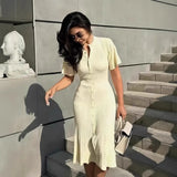 Fongt Elegant Knitted Dress Round Collar Single Buckle Horn Sleeve Fishtail Dress Medium Long Dress