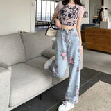 Fongt And Autumn Sweet And Spicy Girl Rose Print Jeans Women Design High Waist Straight Trousers Hanging Broad Leg Trousers