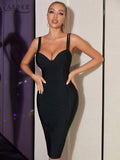 Women Spaghetti Strap Black Bandage Dress Sexy V Neck Sleeveless Summer Party Celebrity Evening Club Bodycon Dress