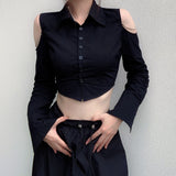 Fongt Pure Wind Women's Lapel Breasted Cardigan Open Shoulder Hollow Chain Temperament With Long Sleeve