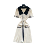 Fongt Retro Trendy Polo Collar Short-Sleeved Dress Women's Summer Metal Buckle Waist Thin Knitted Skirt