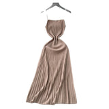 Fongt Dress Women 2025 New Gentle Wind Temperament Slings Waists Thin Vertical Knitted Dress Inside The Long Skirt
