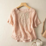 Fongt Cotton T-Shirt Women's Summer Size 2025 New Mother Loose Rib Linen Short-Sleeved T-Shirt