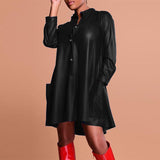 Fashion Autumn Women Sundress Lapel Neck Long Sleeve PU Leather Dress Robe Femme Party Dress Casual Loose Shirt
