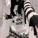 Black White Striped Sweaters Mujer 2024 New Star Letter Print Tops Women Y2k Autumn Long Sleeve Hole Pullovers-Outfit