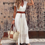 Women V-Neck Hollow Patchwork Maxi Dress Elegant Short Sleeve Solid Ladies Party Dress Casual Femme Streetwear