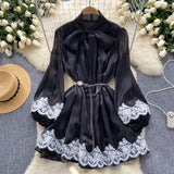 Fongt Dress Women's Neckline Bow Tie With Lantern Sleeve Lace Splicing Bright Face Chiffon Skirt Skirt Skirt