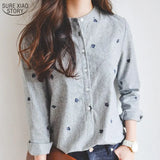 Summer Fashion New Solid Cotton Shirts Embroidery Striped Stand Collar Women Blouse Plus Size Women Blouses Feminina