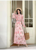Fongt 2025 New Long-Sleeved Heavyweight Bow Long Print Chiffon Sweet Dress Seaside Holiday