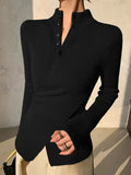 Fongt Women's New Sweet Spicy Knitted Shirt Cross Button Autumn And Winter Slim Solid Color Temperament Top Lady
