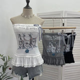 Fongt Kitten Print Bow Sweetheart Hottie With Chest Pads With Chest Bra Vest Wooden Ear Top 1270