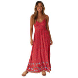 Fongt Summer New Large Swing Skirt Women's Bohemian V Tie Sling Broken Floral Dress