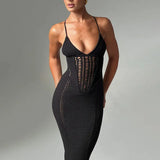 Fongt 2024 Spring / Summer Women's Temperament Sexy Back Hollow Out Lace Knit Sling Wrapped Hip