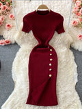 Fongt Version Of The Solid Color Collar Buckle Body Short Sleeve Elastic Knitted Forked And Left-Sleeved Dress 0022