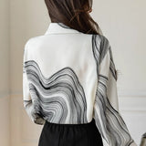 Women's Shirt Spring Clothing for Women Ink Painting Pattern Polo Neck Tops Basic Button Up Long Sleeve Shirts for