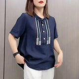 Peter Pan Collar Blouse Casual Loose Female Clothing Stylish Printed Patchwork Button 2023 Summer New Short Sleeve Shirt-Outfit