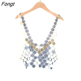 Shiny Sequined Tops for Women 2022 Fashion Hollow Out Metal Female Clothing Shoulder Strap Sexy Backless Mesh Tank
