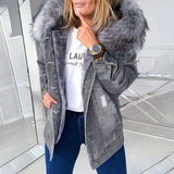 Winter Women Faux Fur Coat Long Sleeve Thicken Fur Hood Plush Warm Denim Coat Large Size Jacket Ripped Button Denim