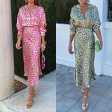 Fongt 2024 New Women's Print Elegant Lapel Long Sleeve Shirt High Waist Skirt Fashion Suit