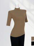Fongt High Temperament Style Half High Collar Sleeve Bottom Shirt Female Five Sleeve Black With Short Sleeve Slim Jacket-Outfit