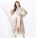 Fongt Famous Woman On Holiday Wrapped With V-Neck Lantern Sleeve Long Retro-Print Dress Elegant Woman
