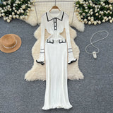 Fongt French Elegant Little Fragrant Knitted Dress Dress Women Fashion Collar Long Sleeve Slim Slime
