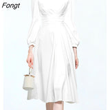 Han Queen Autumn Vintage Vestidos Lantern Sleeve White Office Dress Simple Series A-Line Party Casual Dresses Female