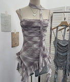 Fongt Shooting Round Neck Fluttering Dye Printing Irregular Lotus Leaf Side Mesh Slings Slings Sleeveless Top 1218