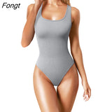 Women's Ribbed Knitted Sleeveless Bodysuit Solid Color Smocked Waist Bodycon Jumpsuit Casual Romper