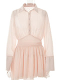 Women Chiffon Turndown Collar White Ruched Mini Dress Chic Single Breasted Longsleeve Slim Fall Dresses 2023-Outfit