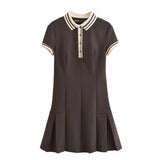 Fongt 2025 New Women's Retro Body-Creats Bumping Color Ribs Wide Folding Dress